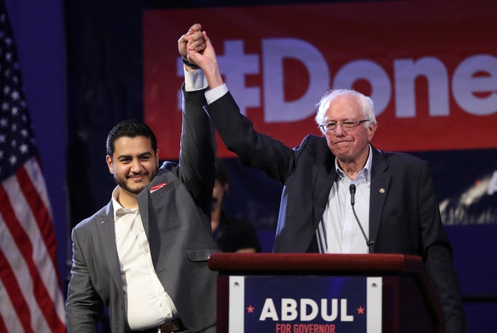 Sanders campaigns for then-Michigan gubernatorial candidate Abdul El-Sayed last August in Detroit. El-Sayed, who lost the Democratic primary in the governor's race, hasn't yet endorsed in the party's 2020 presidential race, but he praises Sanders' long-standing commitment to Medicare for All.