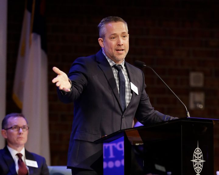 Southern Baptist Convention President J.D. Greear speaks to the denomination's executive committee Monday, Feb. 18, 2019, in Nashville, Tenn. 