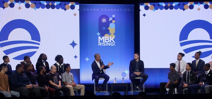 Former President Barack Obama and NBA star Steph Curry speak at a My Brother's Keeper event in Oakland, California, on Tuesday.