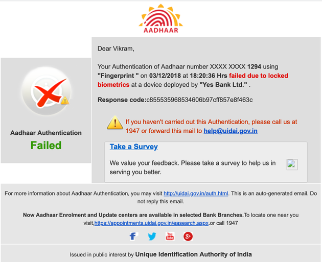 A UIDAI email to Vikram Sheokhand informing him that someone has tried to use his fingerprint at a Yes...