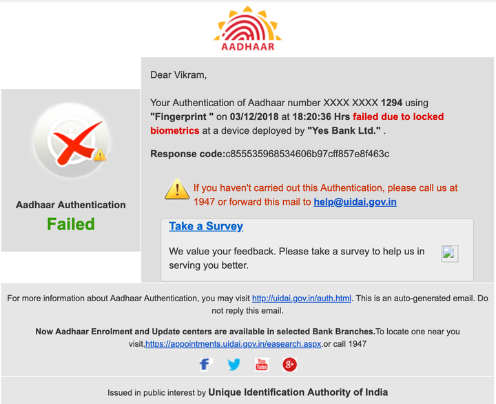 A UIDAI email to Vikram Sheokhand informing him that someone has tried to use his fingerprint at a Yes Bank branch. Sheokhand told <em>HuffPost India</em> he had never visited such a branch.