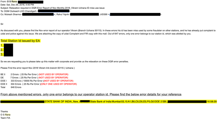 In his email to UIDAI, a FIA representative notes that only one of the violations attributed to Vikram Sheokhand correspond to the actual enrolment station where he worked. The rest have clearly been done by fraudsters. <em>HuffPost India</em> has redacted personal identifiers from this email.
