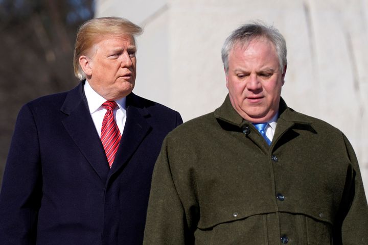 President Donald Trump and acting Interior Secretary David Bernhardt at the Martin Luther King Jr. Memorial in Washington, Jan. 21. In a memo to staffers last year, Bernhardt touted his efforts to improve the department’s “badly neglected” ethics infrastructure.