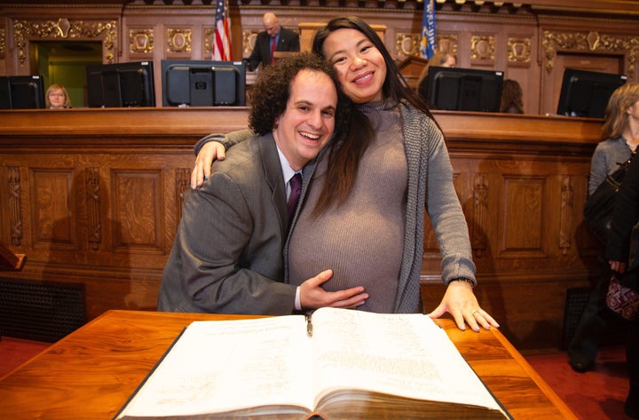 Bristoff with his wife, Diana Vang-Brostoff, who gave birth to their son earlier this month.