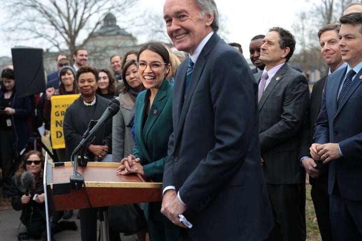 Rep. Alexandria Ocasio-Cortez (D-N.Y.), the Green New Deal's most vocal champion, announces her joint resolution earlier this month alongside Sen. Ed Markey (D-Mass.).