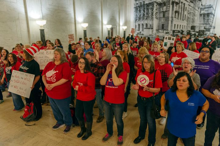 West Virginia teachers and school personnel demonstrate outside the House of Delegates chamber on Wednesday in Charleston.
