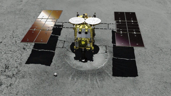 This computer graphic image provided by the Japan Aerospace Exploration Agency shows the Japanese unmanned spacecraft Hayabus