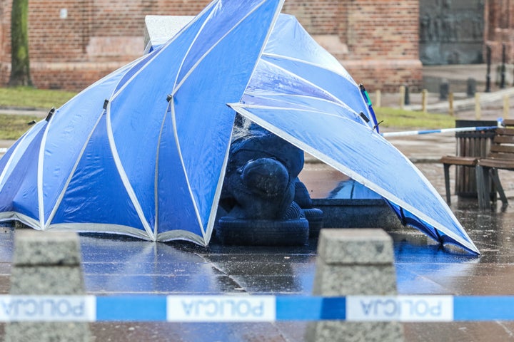 A toppled statue of priest Henryk Jankowski is seen in Gdansk, Poland on February 21, 2019.