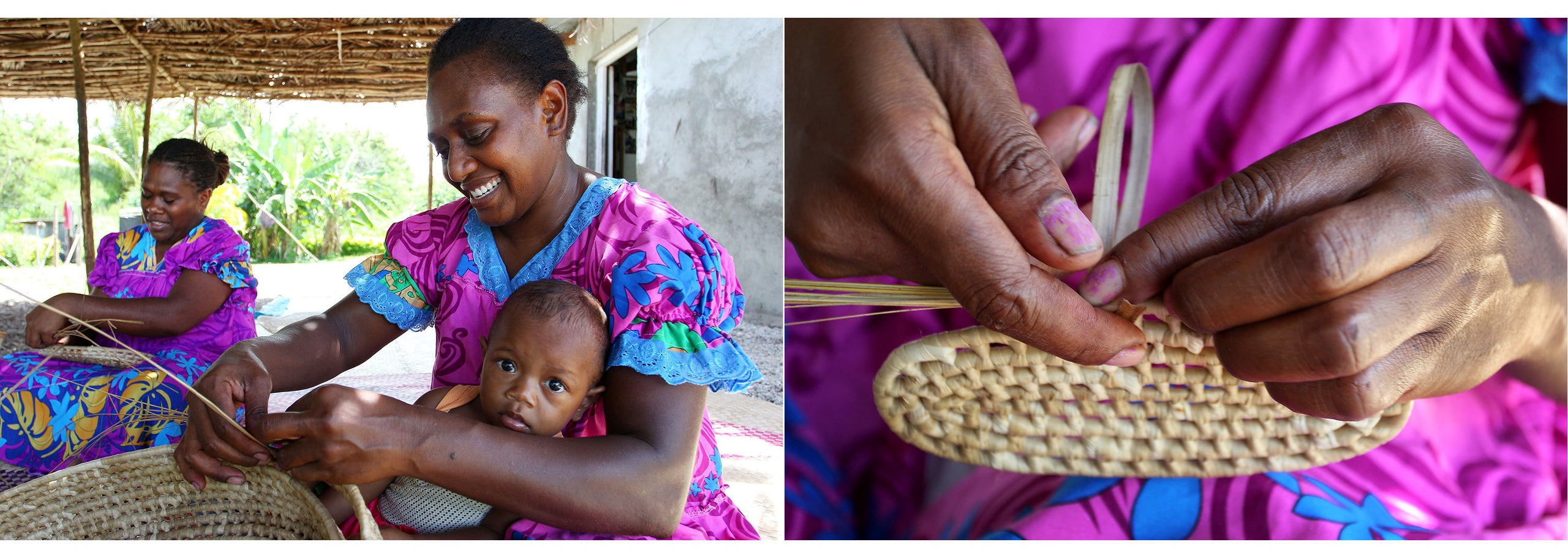 Local weavers Christina Lore (L) and Selina Kalsong (R), holding her grand-daughter Kylie, weave from pandanus leaves at thei