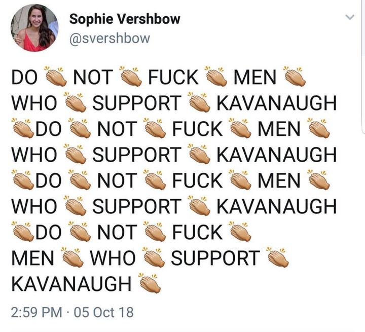 The author's tweet, which she wrote during the Senate confirmation hearings on Brett Kavanaugh’s nomination to the Supreme Court.