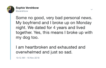 After the furor over her Kavanaugh tweet had blown over, the author broke up with her boyfriend and posted this tweet. The response reminded her how social media can provide a supportive and nurturing community.