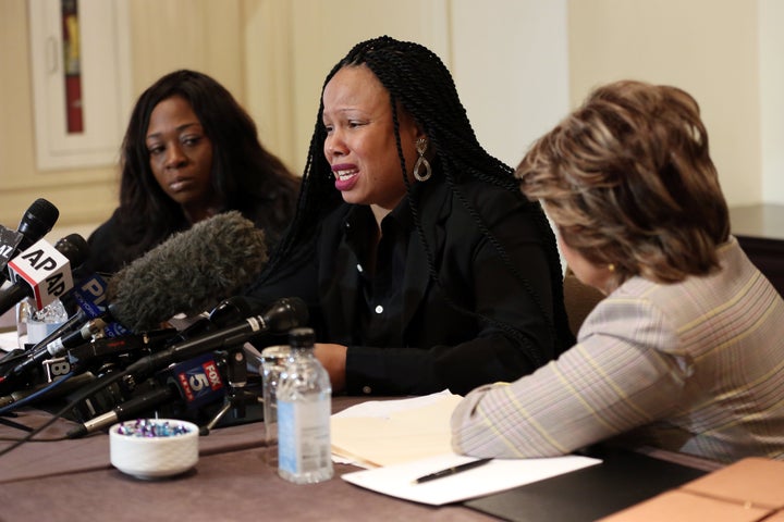 Rochelle Washington (left), Latresa Scaff (center) and attorney Gloria Allred speak at the press conference as two new accusers of R. Kelly misconduct come forward at Lotte New York Palace on February 21, 2019, in New York City.