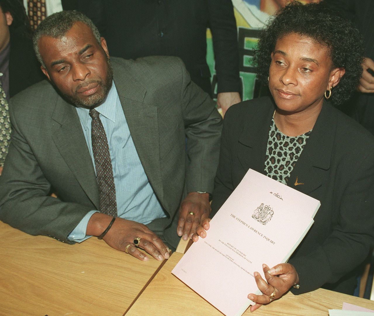 Doreen and Neville Lawrence during a news conference at the Home Office after hearing Home Secretary Jack Straw reveal the outcome of the judicial inquiry into their son's death