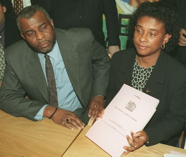 Doreen and Neville Lawrence during a news conference at the Home Office after hearing Home Secretary Jack Straw reveal the outcome of the judicial inquiry into their son's death