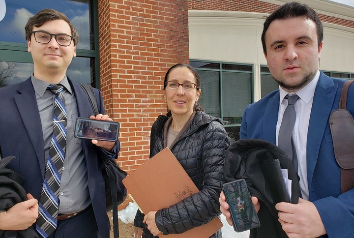 Rubin flanked by her two animal law clinic students earlier this month at the courthouse in Hartford, where they advocated fo