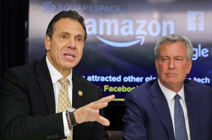 New York Gov. Andrew Cuomo, left, and New York Mayor Bill de Blasio at a news conference on Nov. 13, 2018, in New York after Amazon announced it would split its second headquarters between New York and Northern Virginia.