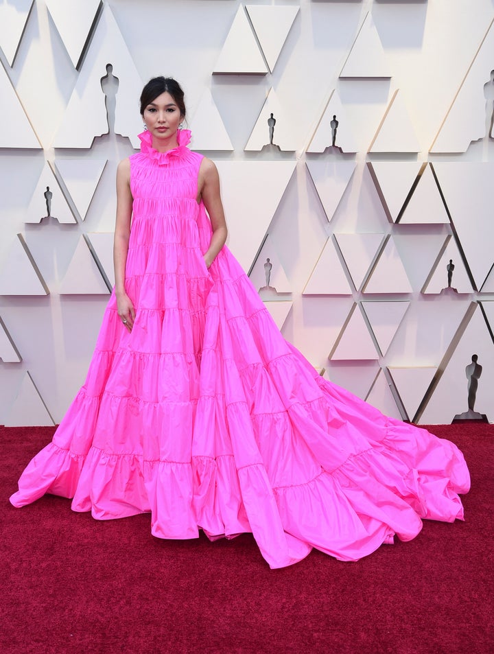 Gemma Chan in a pink Valentino gown.