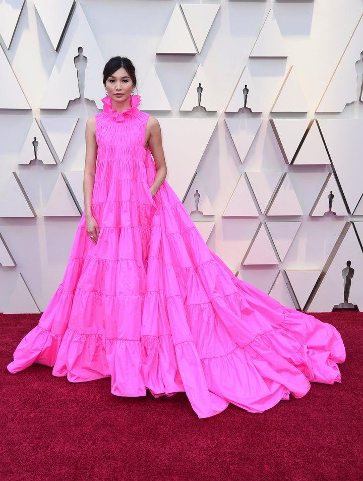 Gemma Chan in a pink Valentino gown.