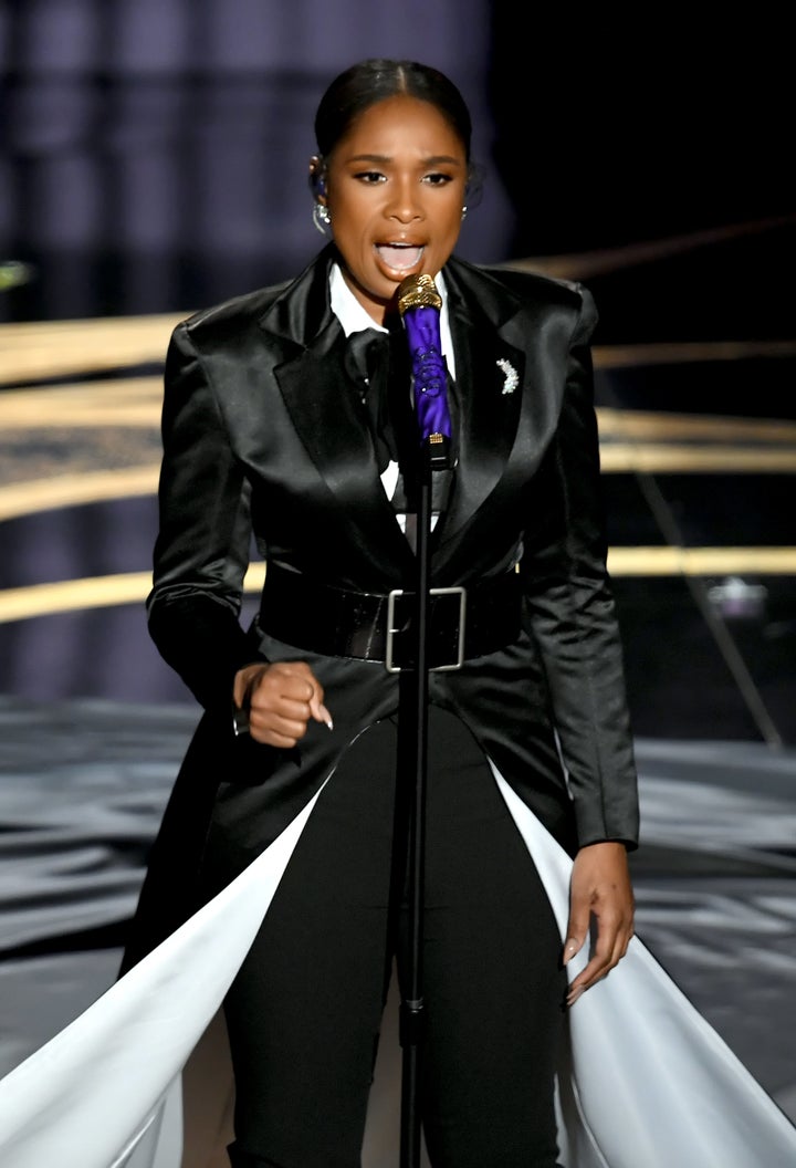 Jennifer Hudson rocked a black pantsuit with a dramatic train while performing onstage during the 91st Annual Academy Awards at Dolby Theatre on February 24, 2019, in Hollywood, California. 