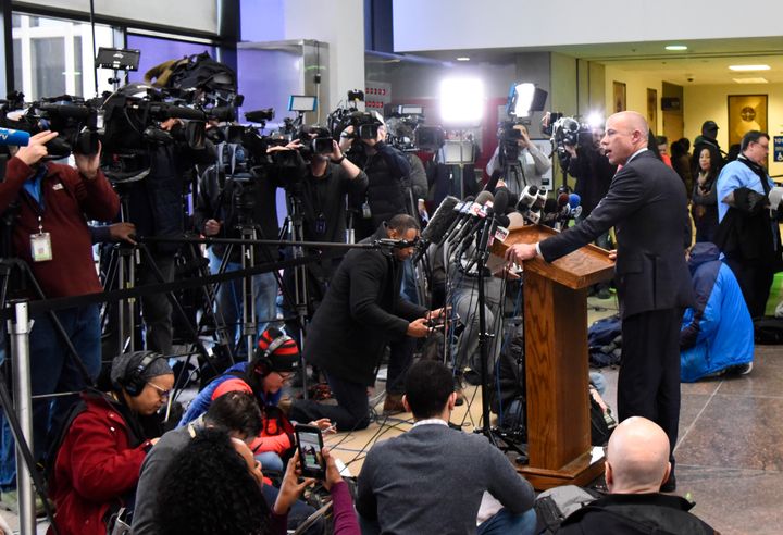 Attorney Michael Avenatti, who is representing an alleged victim of R. Kelly, speaks to reporters at the Leighton Criminal Courthouse after the R&B star's first court appearance Saturday, Feb. 23, 2019, in Chicago.