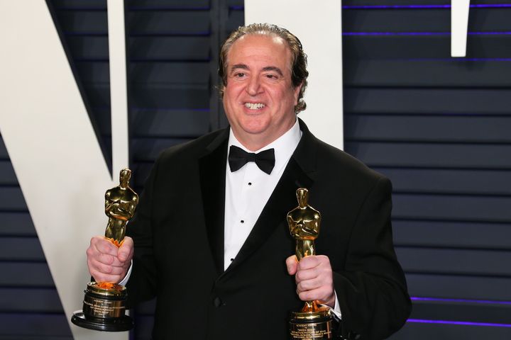 Nick Vallelonga poses with the Oscars for Best Picture and Best Original Screenplay for “Green Book” at the 2019 Vanity Fair Oscar Party following the 91st Academy Awards.
