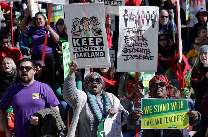 Teachers, students and supporters rally in front of City Hall in Oakland, California, on Feb. 21. The teachers’ union&n