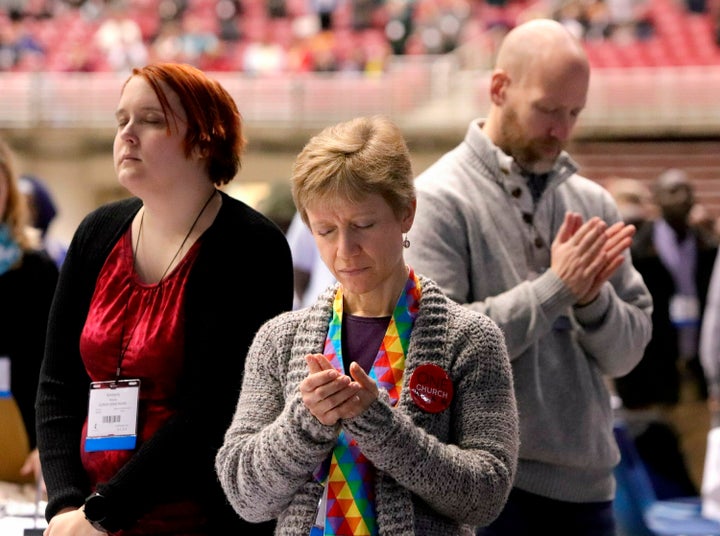 United Methodist Church delegates from Illinois participate in a day of prayer in St. Louis on Feb. 23, ahead of a special denominational meeting on whether to affirm LGBTQ Methodists.