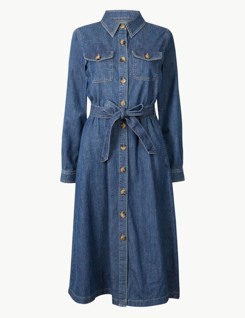 white christmas dresses Blue Washed Denim Long Sleeve Midi Dress main image 0