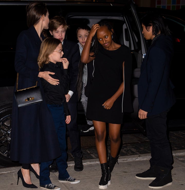 Jolie and her children are seen at Crosby Street Hotel in New York on Monday.