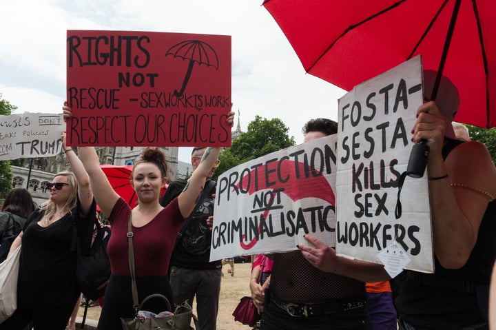 Sex workers protest against criminalization of their trade and FOSTA-SESTA, the combined legislation that included the Stop Enabling Sex Traffickers Act.