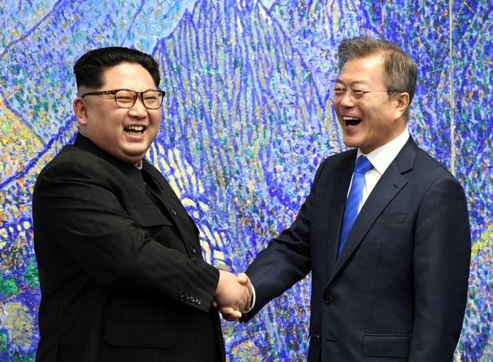 North Korean supreme leader Kim Jong-Un and South Korean president Moon Jae-in meet during peace negotiations in 2018.