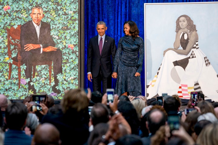 Former President Barack Obama and First Lady Michelle Obama at the 2018 unveiling of their official portraits.