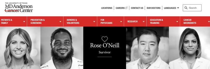 テキサス大学MDアンダーソンがんセンターのHP。左上、病院名のCancerに赤い線が引かれている。