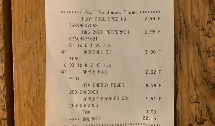 Here's the receipt from my neighborhood grocery store. It's a few dollars less than my order from The Wally Shop, after you deduct the bag and jar returns. 