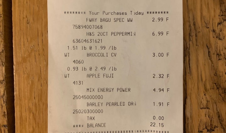 Here's the receipt from my neighborhood grocery store. It's a few dollars less than my order from The Wally Shop, after you deduct the bag and jar returns.