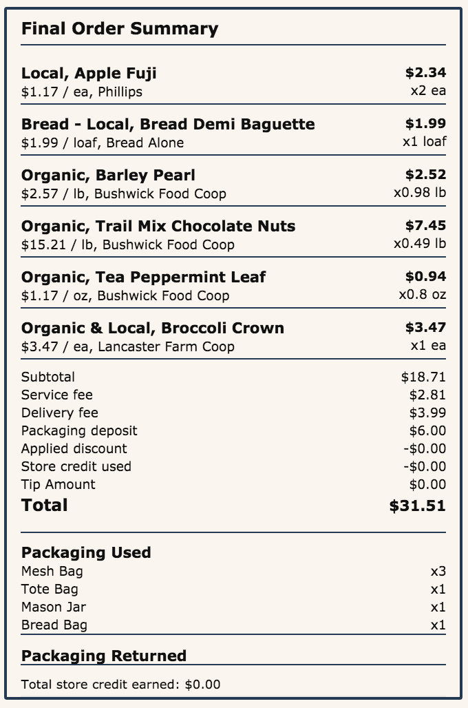 Here's the receipt from my first Wally Shop order. They comp the tip for your first time.