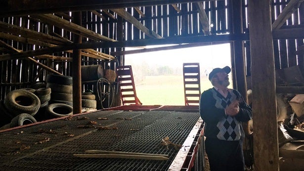 Michael Calebs, 56, looks up in his London, Kentucky, tobacco barn, where as a youth he would climb up to horizontal beams to hang floppy tobacco leaves to air cure. Farmers like Calebs are increasing their hemp acres, decreasing their tobacco acres and betting that this new crop will usher in a new era for Kentucky agriculture.