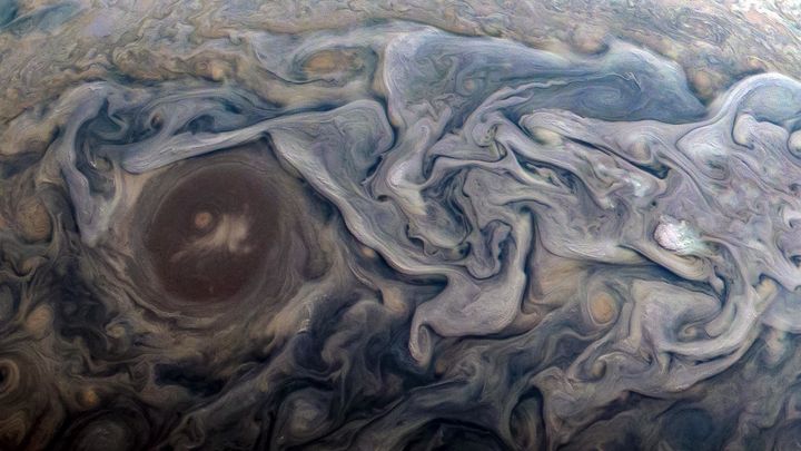 An image of Jupiter captured by the Juno spacecraft on Feb. 12. NASA software engineer Kevin M. Gill enhanced the colors.