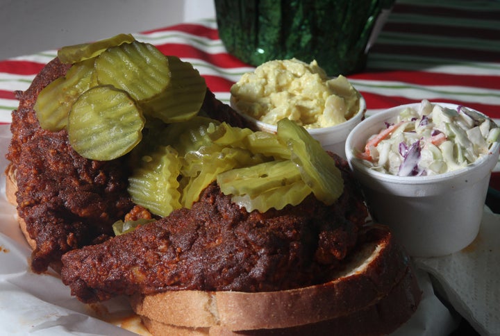 A hot chicken sandwich from Prince's Hot Chicken Shack in Nashville, Tennessee.