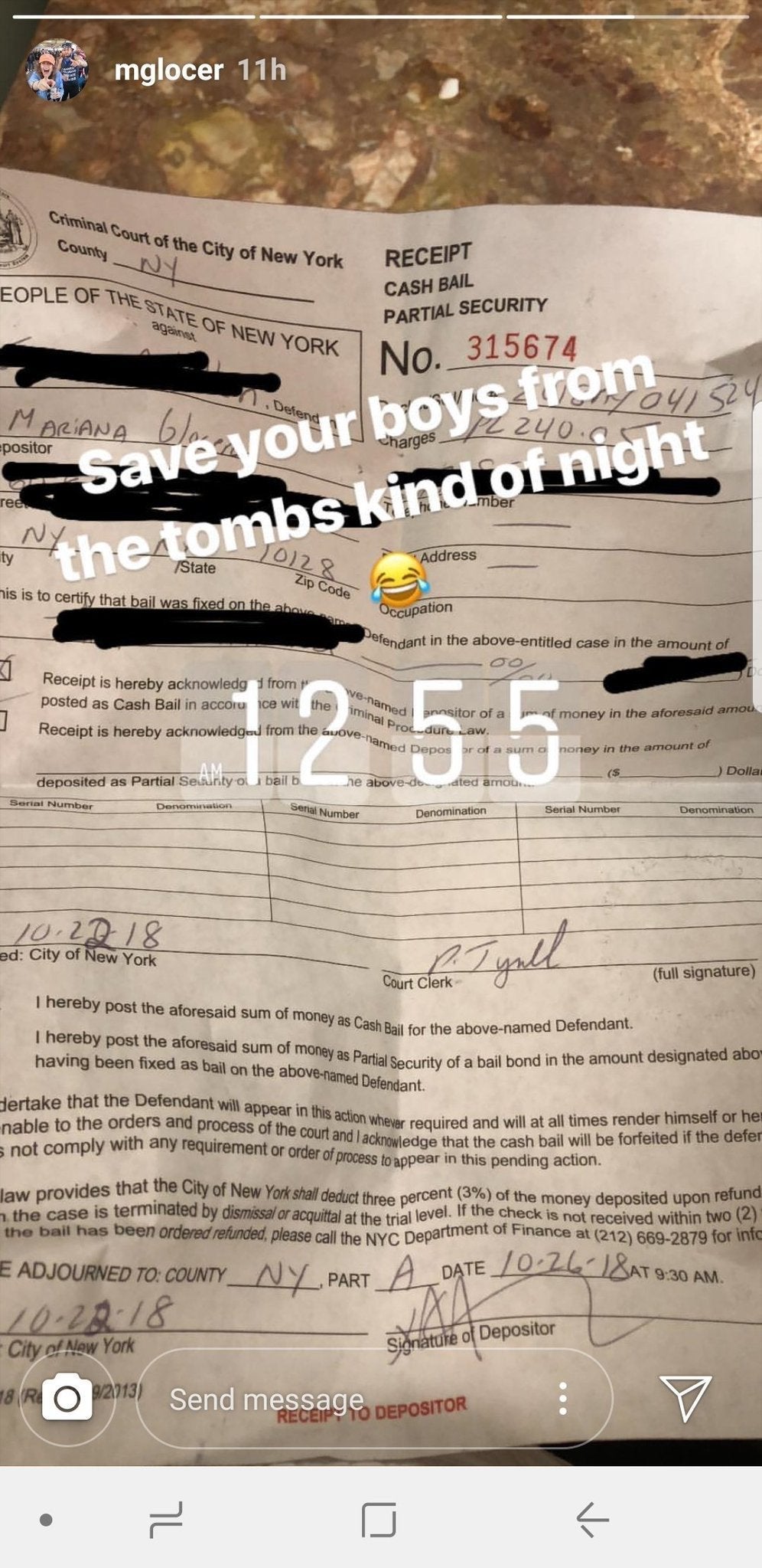 A bail receipt for Irvin Antillon posted by Mariana Glocer.