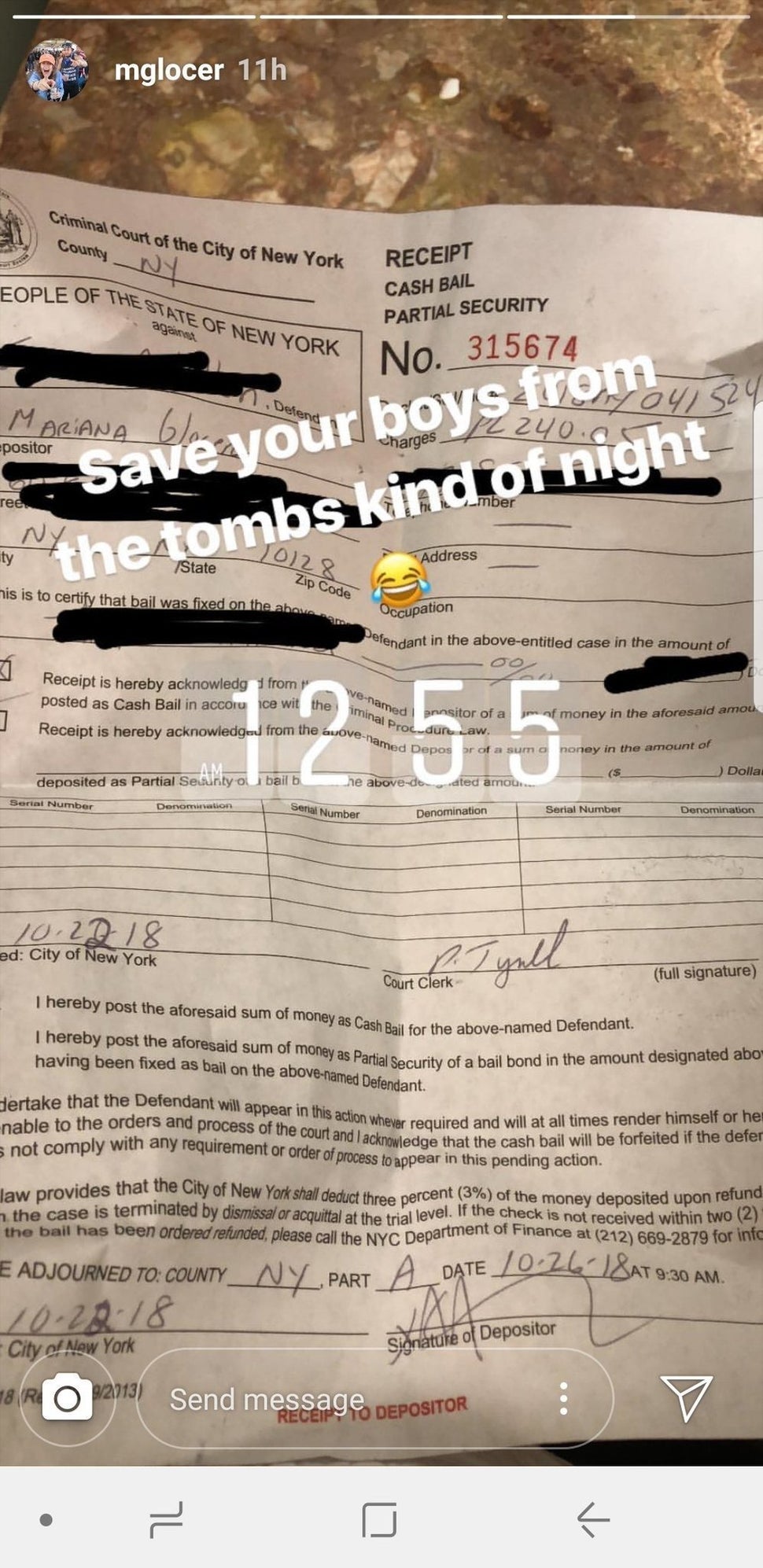 A bail receipt for Irvin Antillon posted by&nbsp;Mariana Glocer.