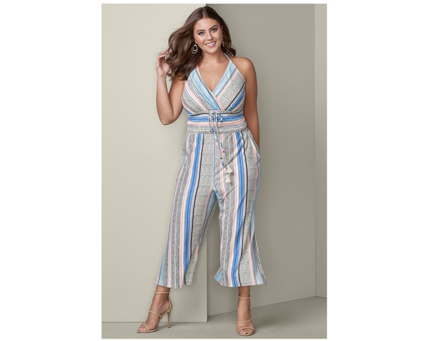 PINSTRIPE WIDE LEG JUMPSUIT in Navy & White, VENUS