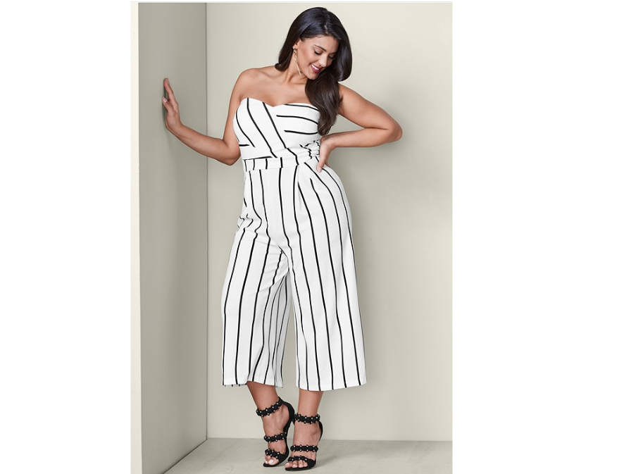 PINSTRIPE WIDE LEG JUMPSUIT in Navy & White, VENUS