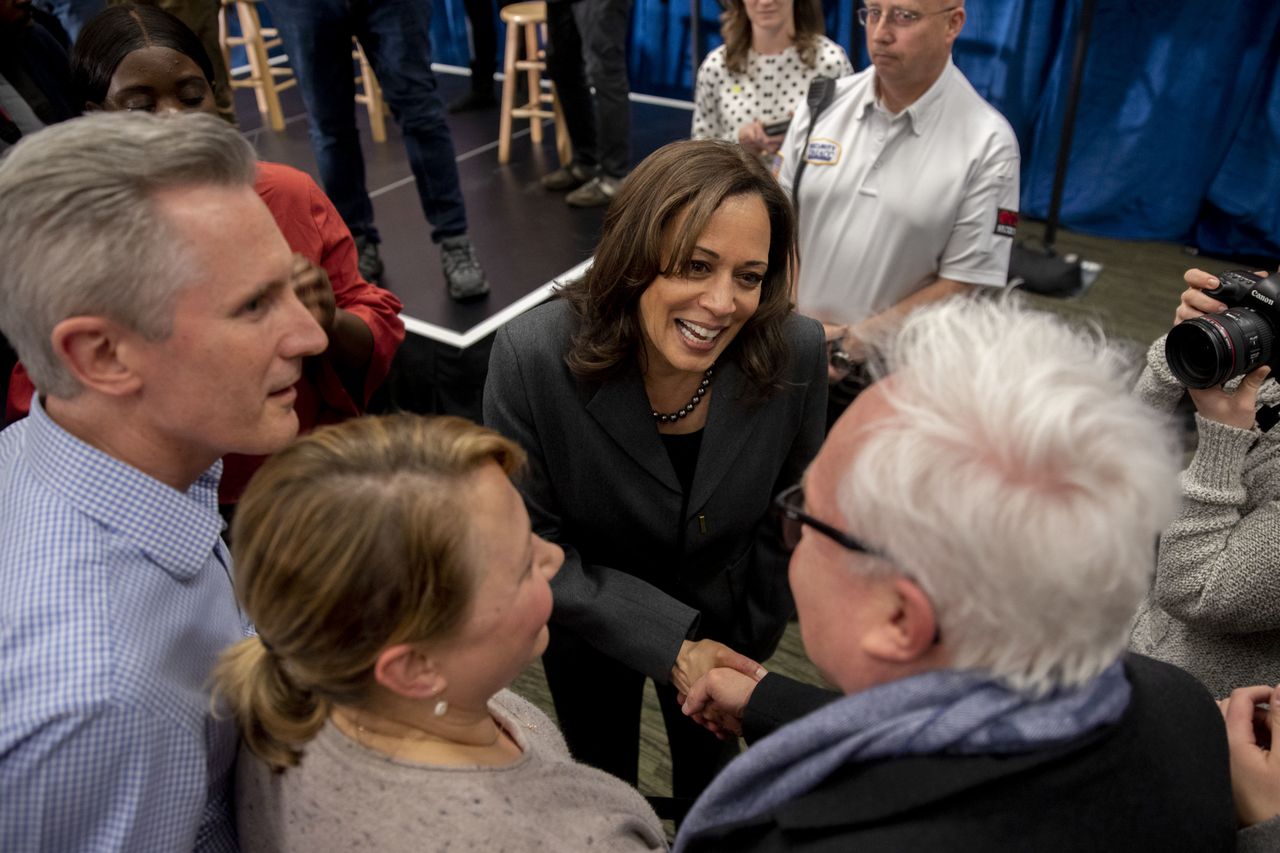 Harris greets people in Ankeny, Feb. 23. Many Iowans feel a sense of obligation to make sure they put the correct candidate on track in the presidential primaries.