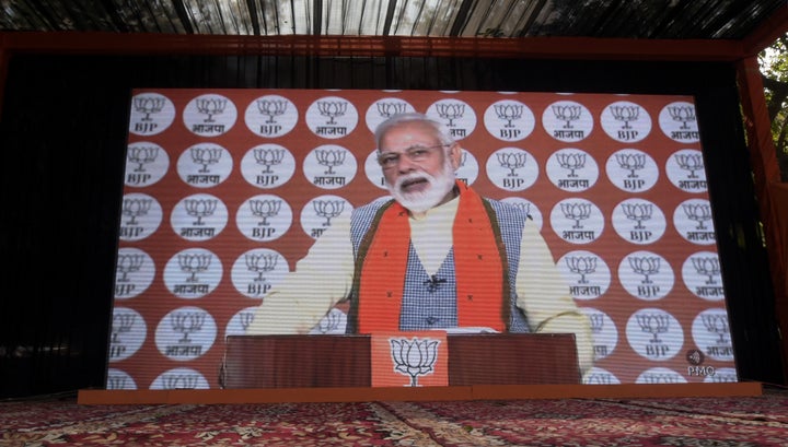 Modi addressing BJP workers on Thursday.&nbsp;