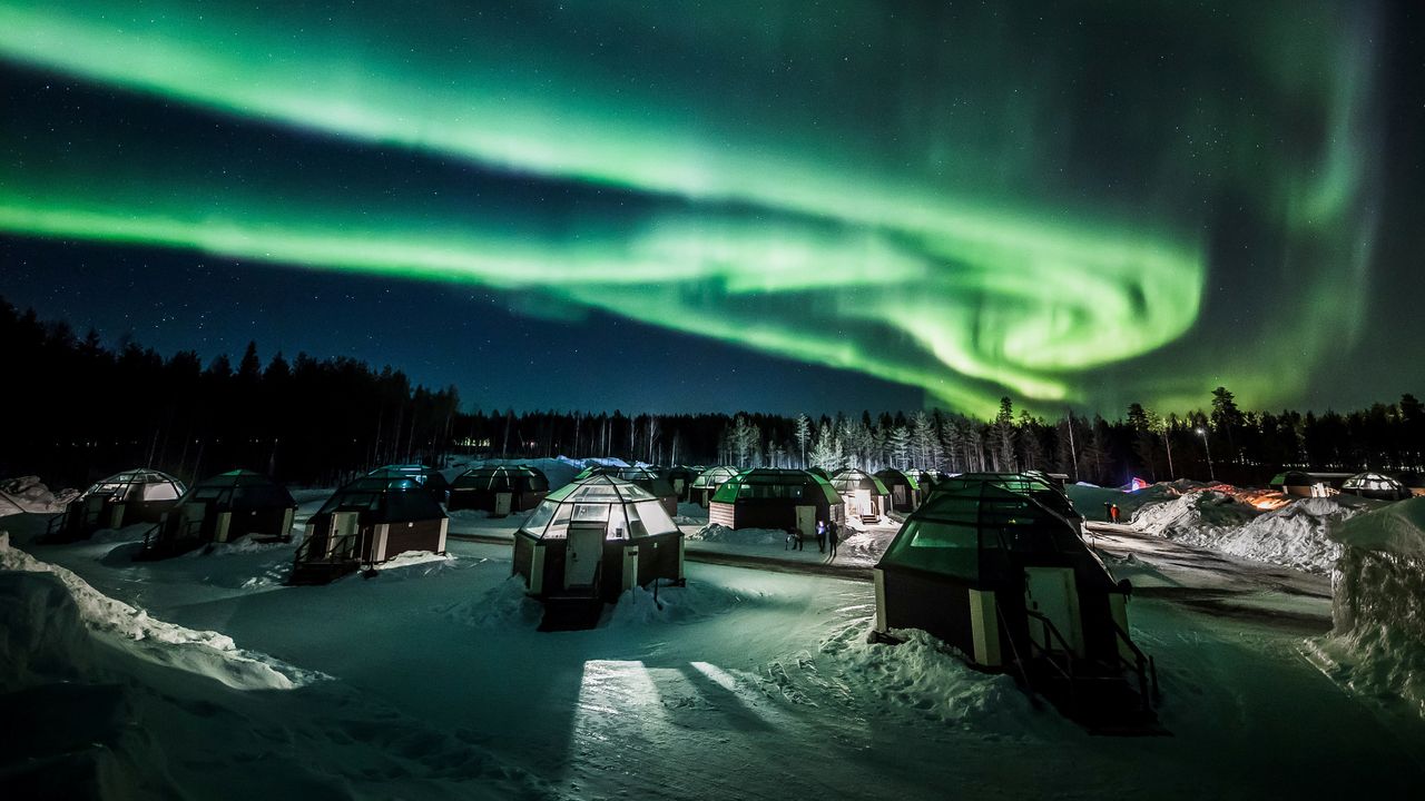 The aurora borealis (northern lights) is seen in the sky over Arctic Snowhotel in Rovaniemi, Finland, on Feb. 28, 2019.