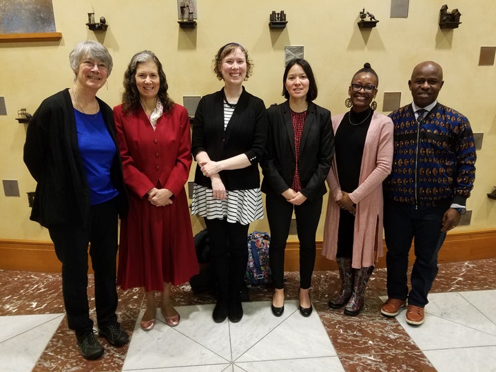 Supporters of Portland’s ordinance extending civil rights protections to non-religious residents pose for a photo on Feb. 13, when the issue was first presented to the city council. Cheryl Kolbe (left) is the president of the Portland area chapter of the Freedom From Religion Foundation and Amanda Fritz (second from left) is a Portland City Council commissioner.