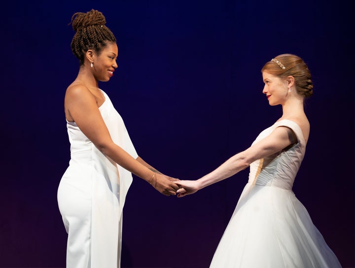 Macy (Marinda Anderson), left, and Jen (Genevieve Angelson) play brides-to-be scouting for wedding vendors in "The Cake," now playing at New York City Center.