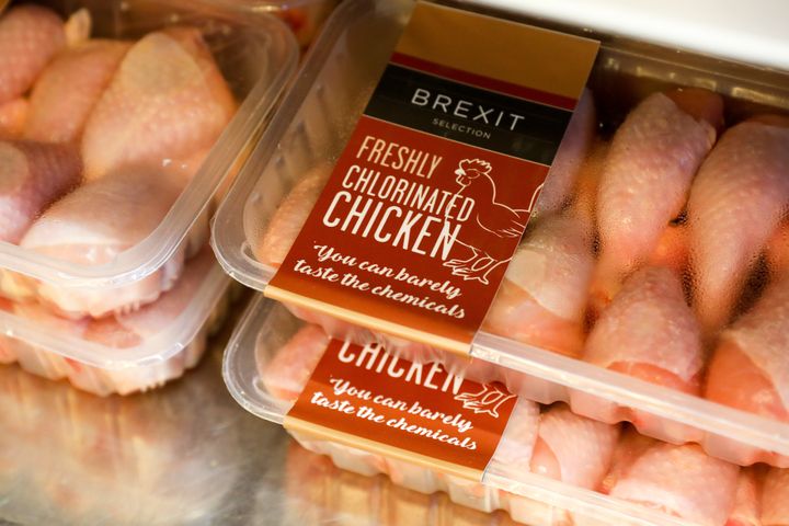 Packs of 'Brexit Selection Freshly Chlorinated Chicken' sit on display at the 'Costupper' Brexit Minimart pop-up store, set up by the People's Vote campaign group, in London last November.