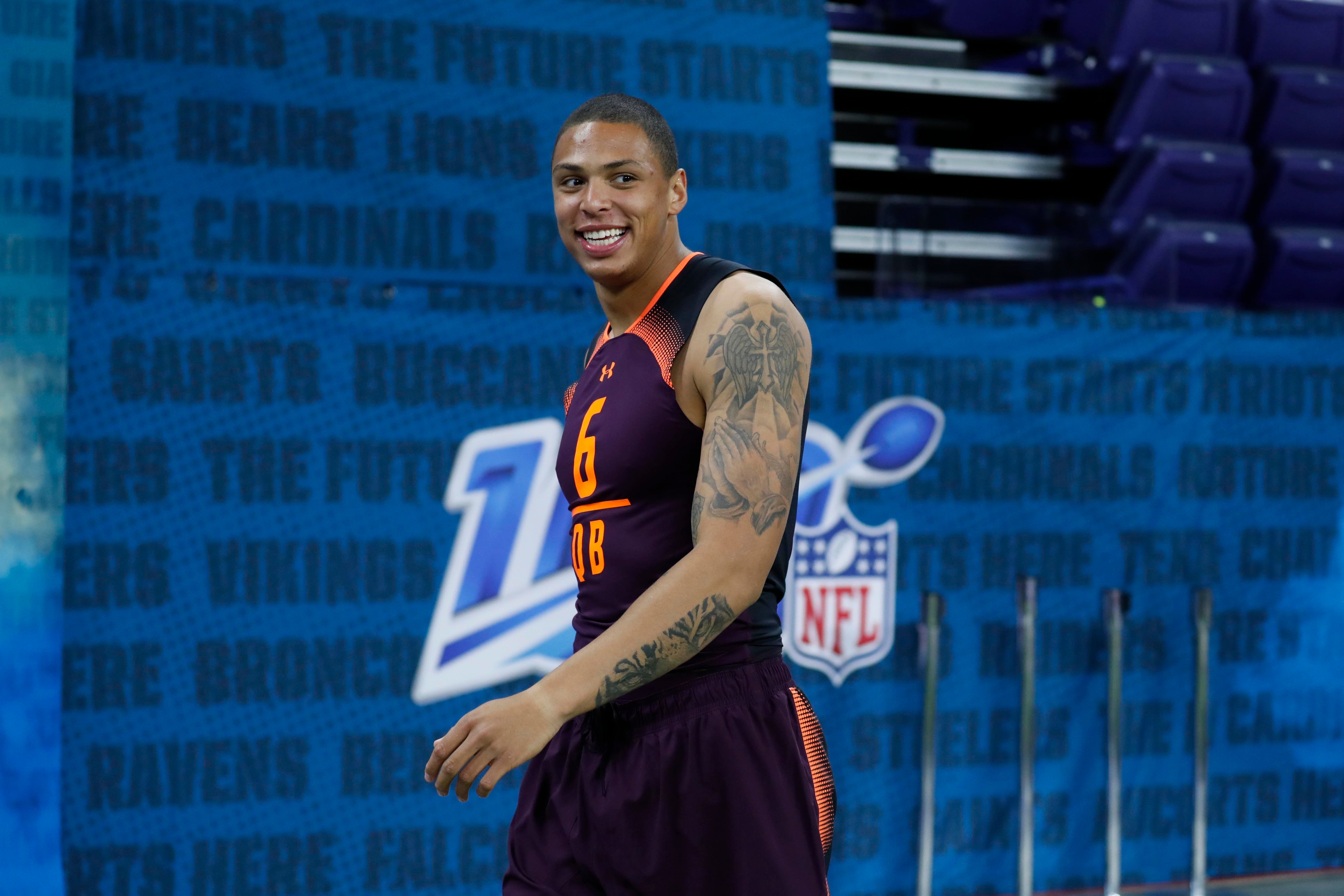 Mar 2, 2019; Indianapolis, IN, USA; Buffalo quarterback Tyree Jackson (QB06) warms up before starting his workout drills during the 2019 NFL Combine at Lucas Oil Stadium. Mandatory Credit: Brian Spurlock-USA TODAY Sports